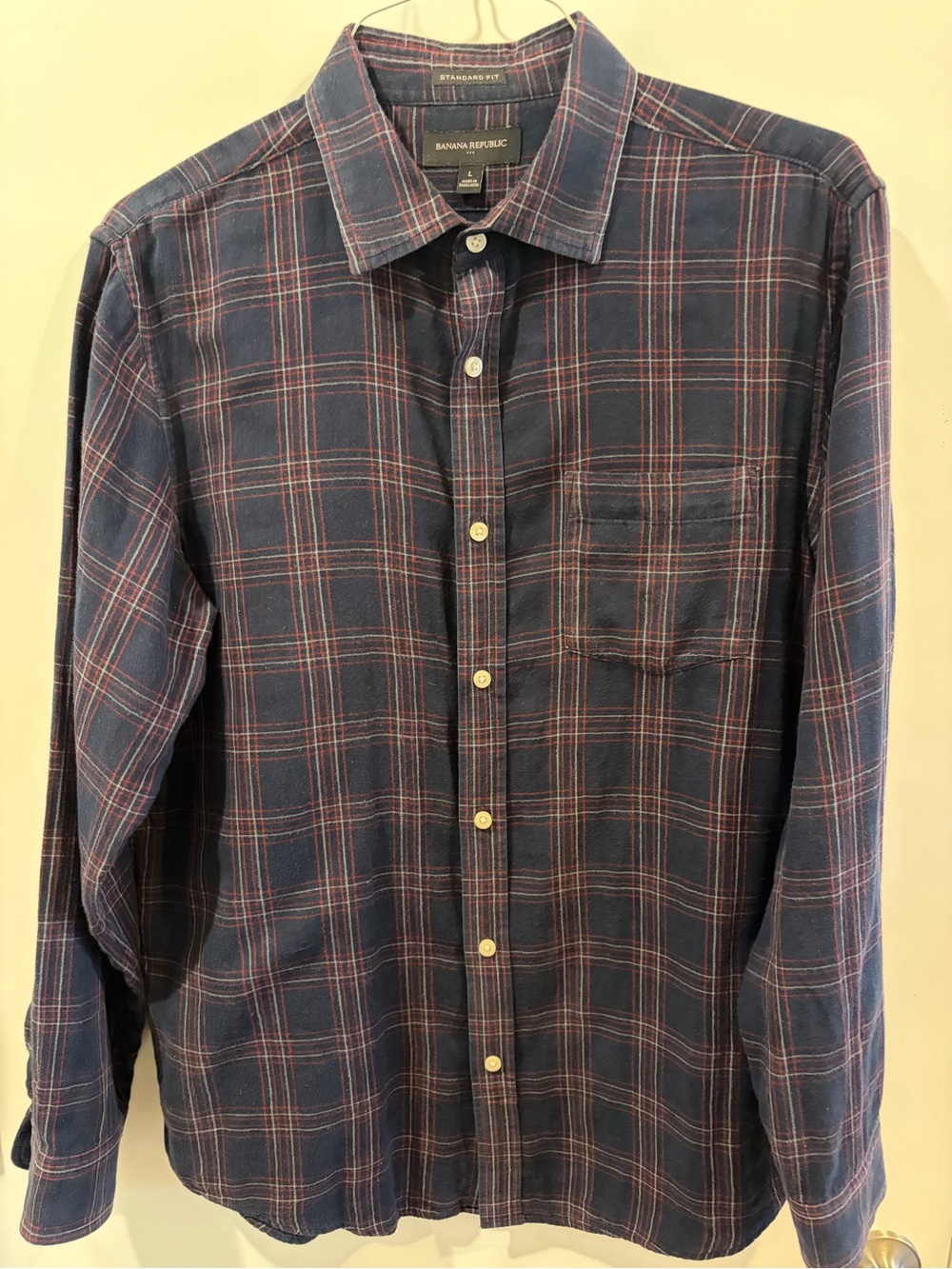 Banana Republic Navy and Red Plaid Long-Sleeve Button-Down Shirt